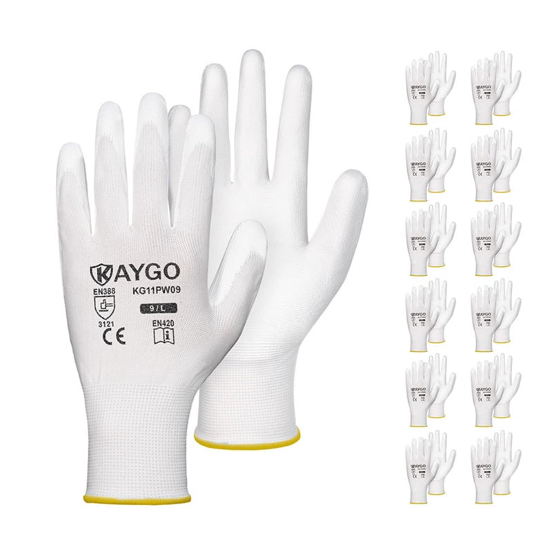 KAYGO Safety Work Gloves PU Coated-12 Pairs, KG11PB, Seamless Knit Glove with Polyurethane Coated Smooth Grip on Palm & Fingers, for Men and Women, Ideal for General Duty Work (Large, White) - Image 1